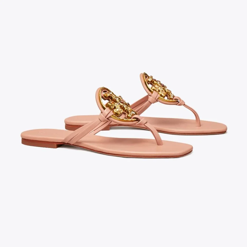 Tory Burch Miller Jeweled Leather Thong Sandals Meadowsweet Peachy Pink